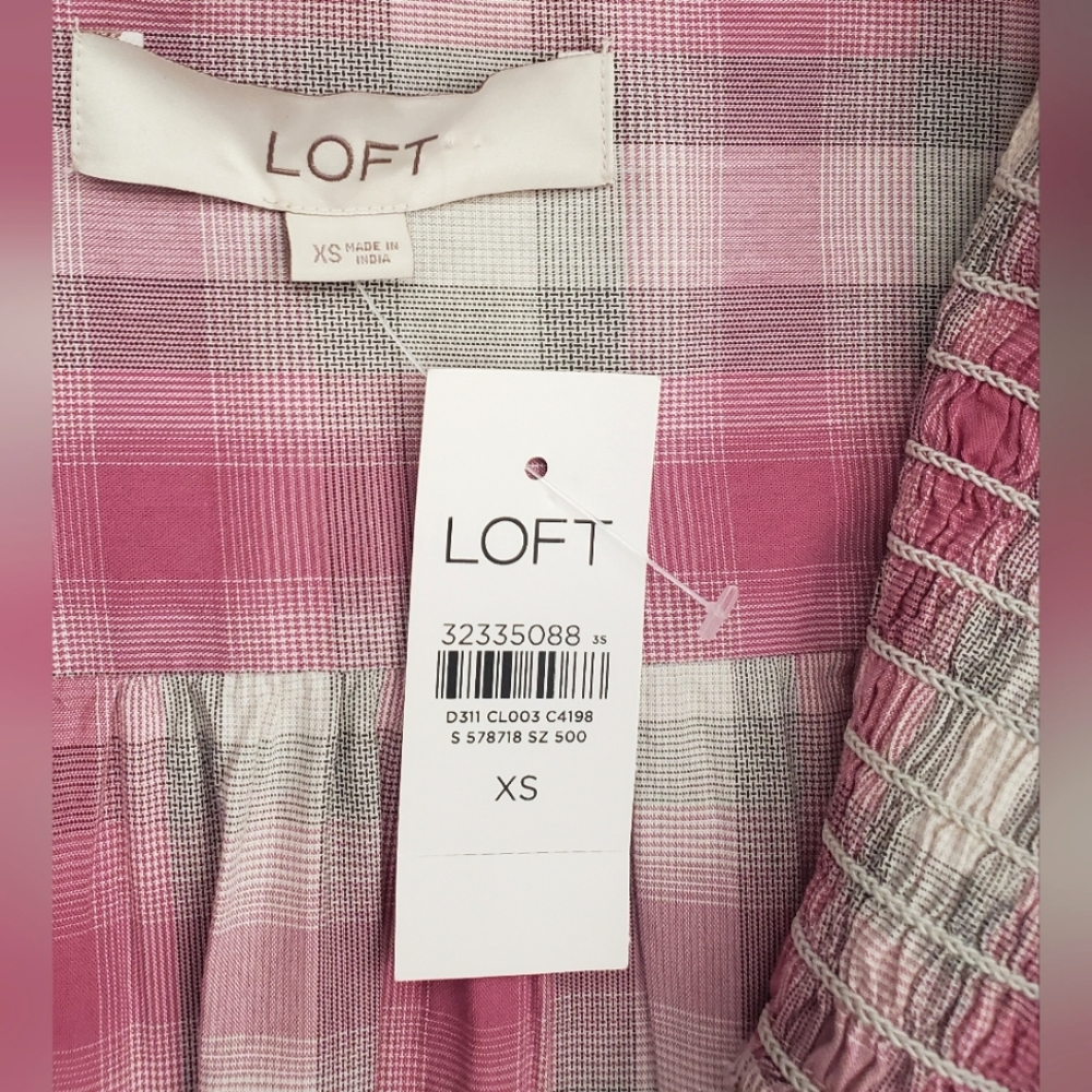 NWT LOFT Pink Plaid Smocked Yoke Button Front Blouse - Size XS - Picture 3 of 14